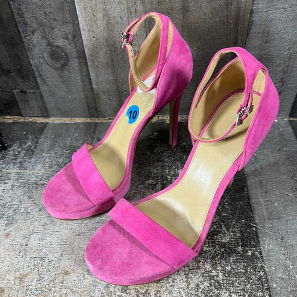 Michael Kors Simone Pink Suede Mid Sandel Open Toe Heels Shoe Sz 10 Barbiecore - Picture 1 of 13
